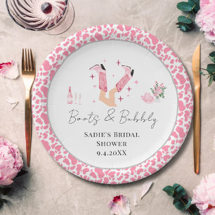 Pink Cowboy Boots & Bubbly Bridal Shower Paper Plate