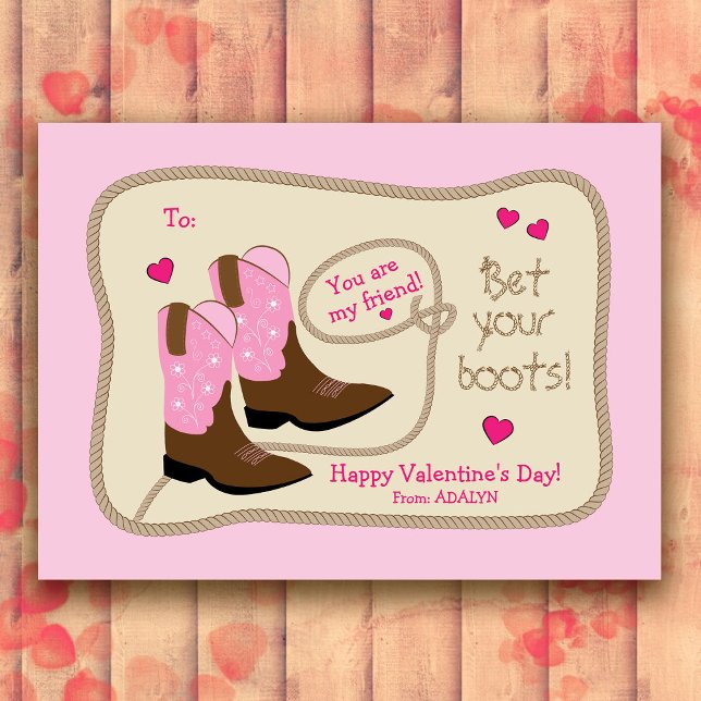 Pink Cowboy Boots Classroom Valentine's Day Card (Creator Uploaded)