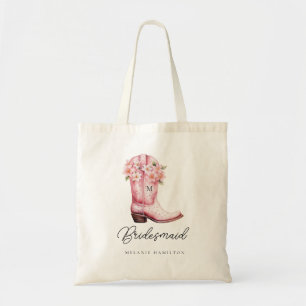 Pink Cowboy Boots Watercolor Floral Bridesmaid Tote Bag