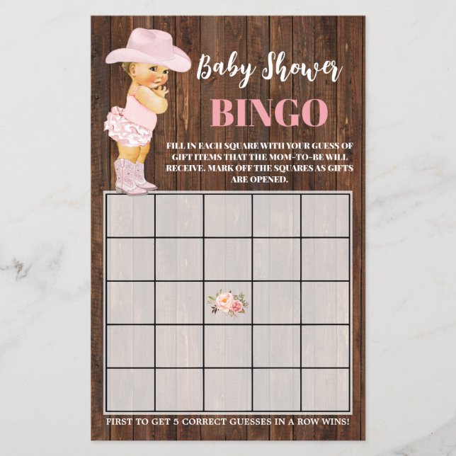 Pink Cowgirl Baby Shower Bingo Game Card Flyer (Front)