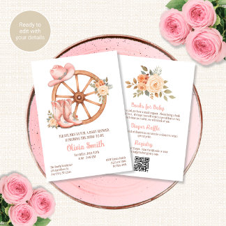 Pink Cowgirl Baby Shower Invitation All in One QR