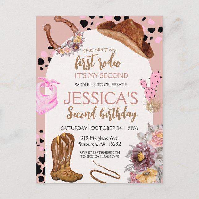 Pink Cowgirl Birthday 2nd Rodeo Budget Party Postcard (Front)