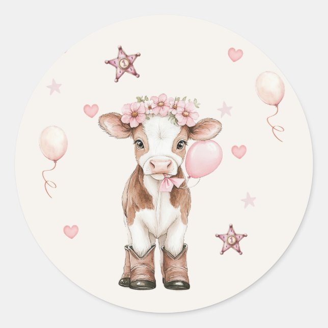 Pink Cowgirl Birthday | Farm Theme 1st  Classic Round Sticker (Front)