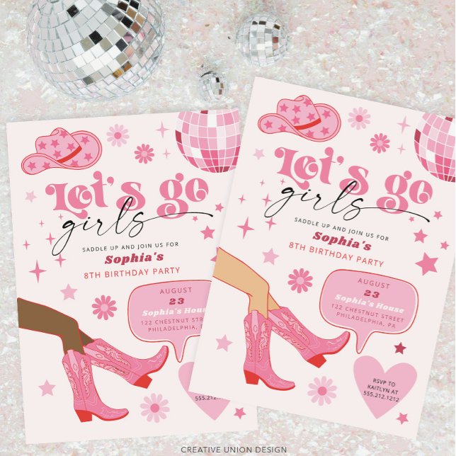 Pink Cowgirl Birthday Party Let's Go Girls Invitation (Creator Uploaded)