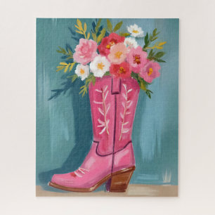 Pink Cowgirl Boot Flower Bouquet Watercolor Jigsaw Puzzle
