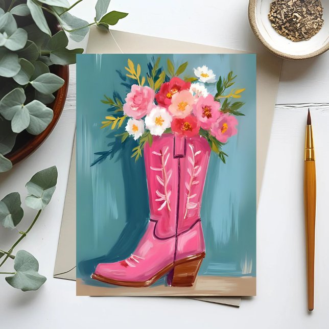 Pink Cowgirl Boot Flower Bouquet Watercolor Postcard (Creator Uploaded)