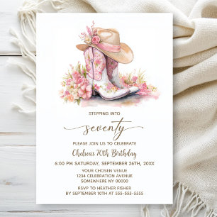 Pink Cowgirl Boots and Hat 70th Birthday Party Invitation