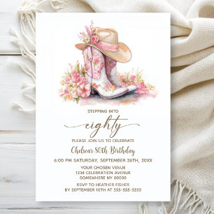 Pink Cowgirl Boots and Hat 80th Birthday Party Invitation