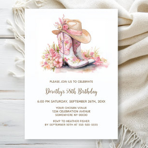 Pink Cowgirl Boots and Hat Birthday Party Invitation