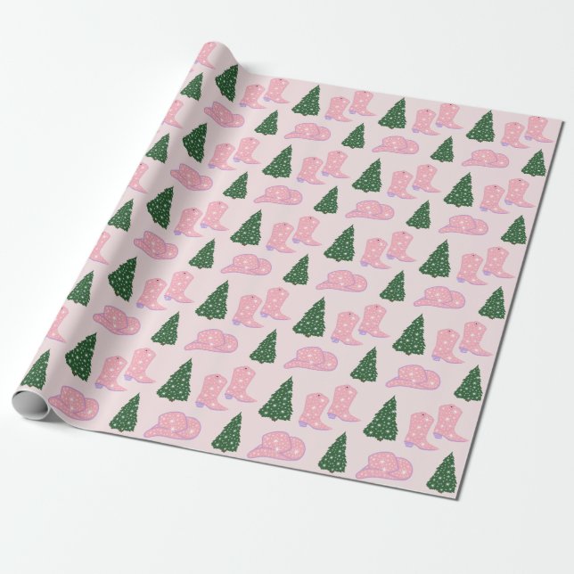 Pink Cowgirl Boots Hat Christmas Tree Wrapping Paper (Unrolled)