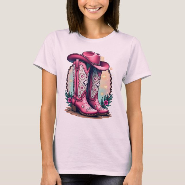 Pink Cowgirl Boots & Hat Graphic Tee (Front)