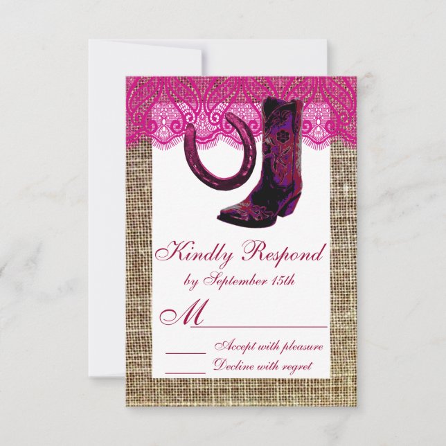 Pink Cowgirl Boots Horseshoe Burlap Lace RSVP (Front)