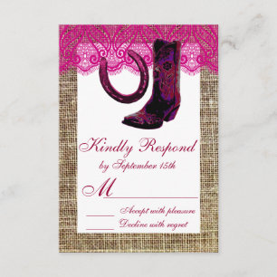 Pink Cowgirl Boots Horseshoe Burlap Lace RSVP Card