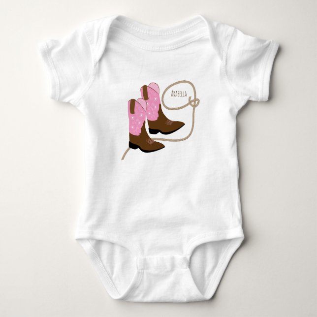 Pink Cowgirl Boots & Lasso Rope, Personalised Baby Bodysuit (Front)
