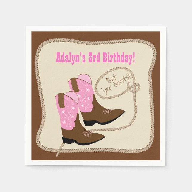 Pink Cowgirl Boots Western Birthday Party Napkin (Front)