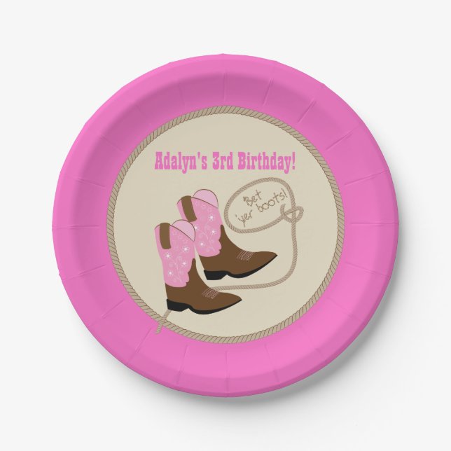 Pink Cowgirl Boots Western Birthday Party Paper Plate (Front)