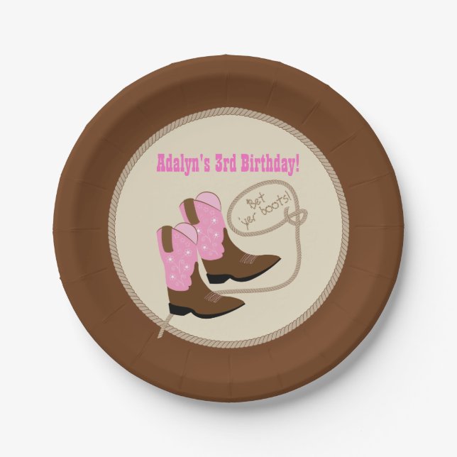 Pink Cowgirl Boots Western Birthday Party Paper Plate (Front)