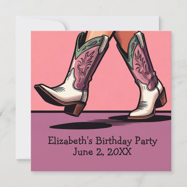 Pink Cowgirl Boots Western Girl Birthday Party Invitation (Front)
