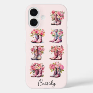 Pink Cowgirl Boots with Flowers Monogrammed iPhone 16 Case