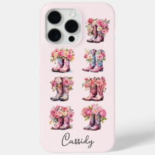 Pink Cowgirl Boots with Flowers Monogrammed iPhone 15 Pro Max Case