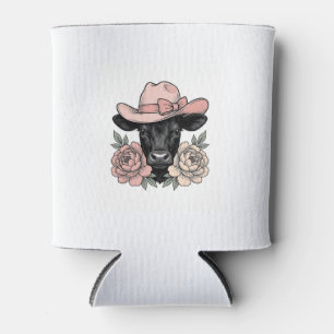 Pink Cowgirl Calf with Peonies Vintage Vector_1 Can Cooler