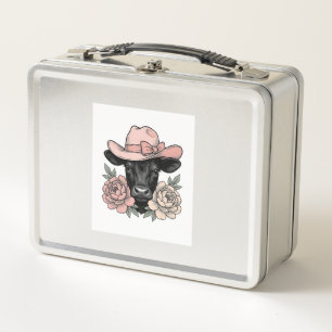 Pink Cowgirl Calf with Peonies Vintage Vector_1 Metal Lunch Box