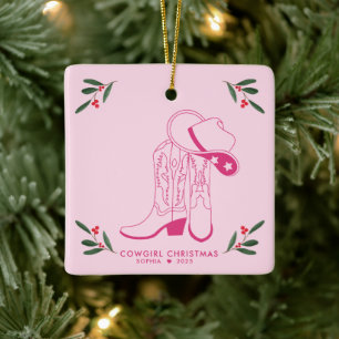 Pink Cowgirl Christmas Cute cowboy boots Ceramic Ornament