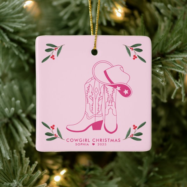 Pink Cowgirl Christmas Cute cowboy boots Ceramic Ornament (Tree)