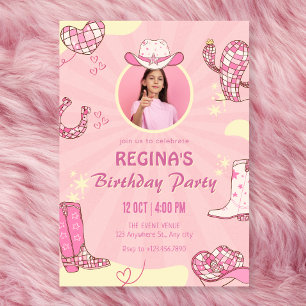 Pink cowgirl disco photo birthday invitation