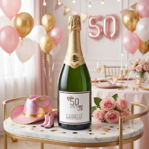 Pink cowgirl Elegant 50 and Fabulous Birthday Sparkling Wine Label