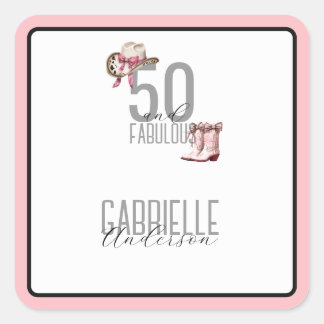 Pink cowgirl Elegant 50 and Fabulous Birthday Square Sticker