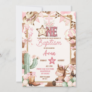 Pink Cowgirl First Baptism & Rodeo Party Invitation