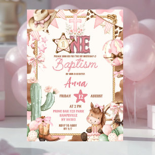 Pink Cowgirl First Baptism & Rodeo Party Invitation