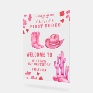 Pink Cowgirl First Birthday Party Acrylic Sign