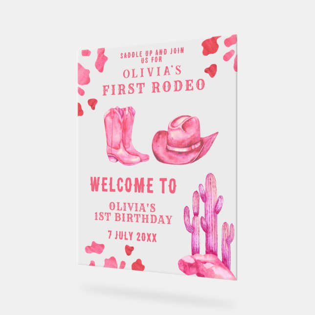 Pink Cowgirl First Birthday Party  Acrylic Sign (Angle)