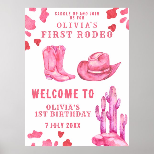Pink Cowgirl First Birthday Party  Poster (Front)