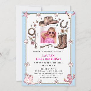Pink Cowgirl First Rodeo Birthday Invitation