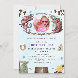 Pink Cowgirl First Rodeo Birthday Invitation