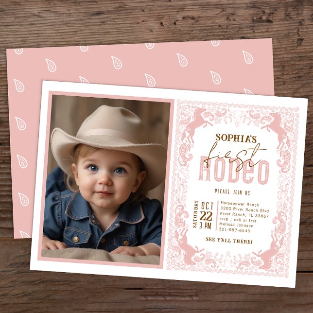 Pink Cowgirl First Rodeo Photo Invitation – Wester (Pink Rodeo Birthday Invitation)