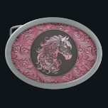 Pink cowgirl floral tooled leather horse head belt buckle<br><div class="desc">Pink cowgirl floral tooled leather design with a floral horse head,  western style leather design. Available in more colours. For horse lovers,  equestrians.</div>