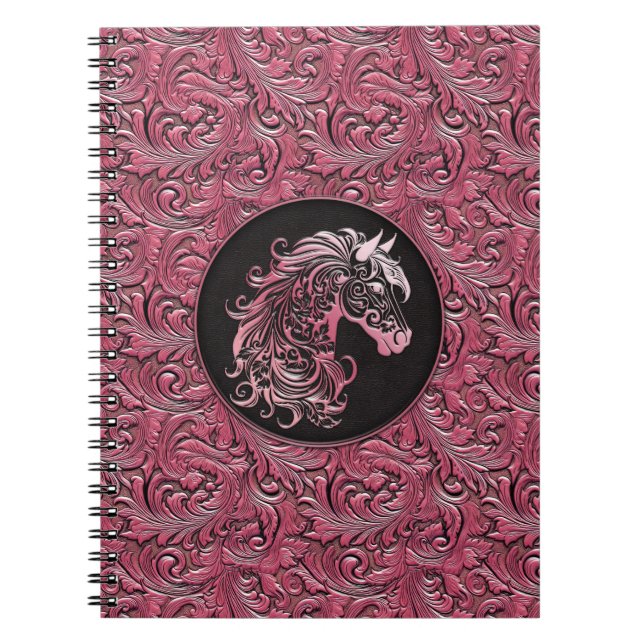 Pink cowgirl floral tooled leather horse head notebook (Front)