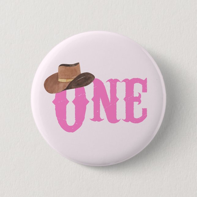 Pink Cowgirl Hat Themed ONE 1st Birthday 6 Cm Round Badge (Front)