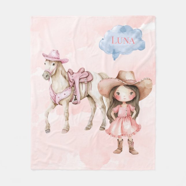 Pink Cowgirl Horse 00th Birthday Party Gift Fleece Blanket (Front)
