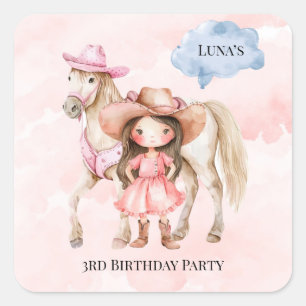 Pink Cowgirl Horse 00th Birthday Party Square Sticker