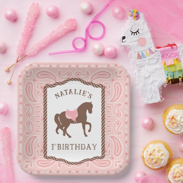 Pink Cowgirl | Horse Silhouette 1st Birthday Paper Plate (Party)