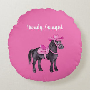Pink Cowgirl Howdy Horse Round Cushion