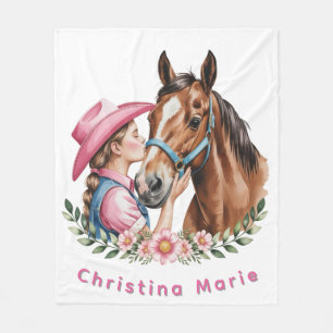 Pink Cowgirl Kissing a Horse Birthday Party  Fleece Blanket