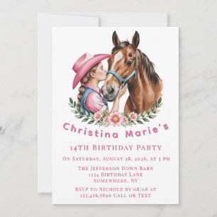 Pink Cowgirl Kissing a Horse Birthday Party Gift Invitation