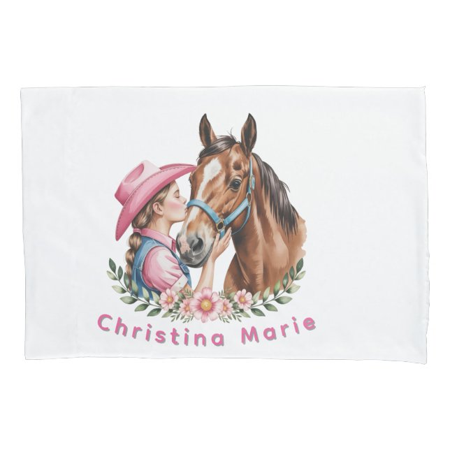 Pink Cowgirl Kissing a Horse Birthday Party Gift Pillowcase (Front)