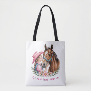 Pink Cowgirl Kissing a Horse Birthday Party Gift Tote Bag